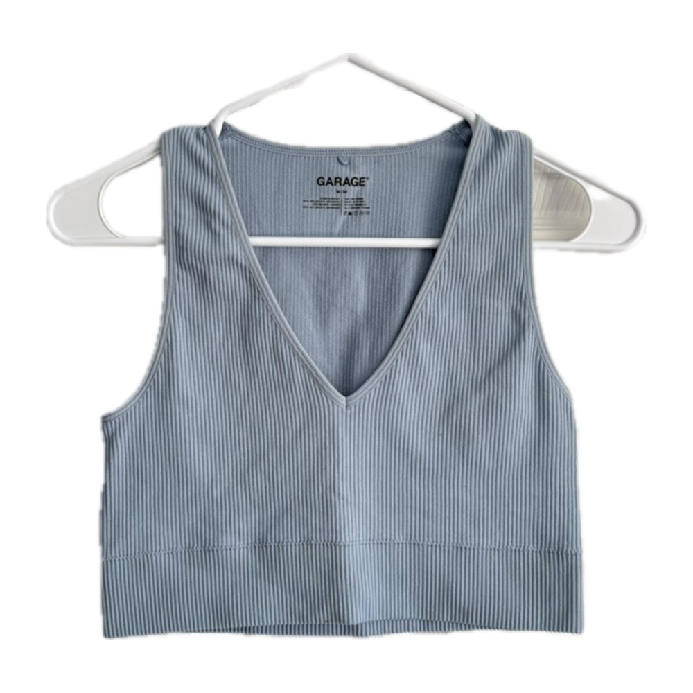 Garage Light Blue Ribbed V-Neck Crop Top